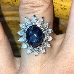 Natural Blue Star Sapphire Sterling Silver Cocktail Ring Size 6